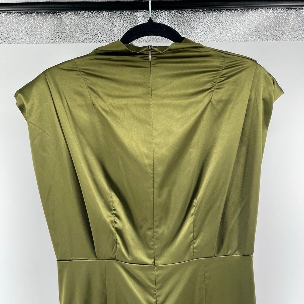 Olive Satin Draped Ruched Mini Dress XL Cowl Neck Cocktail Wedding Guest - Picture 8 of 15